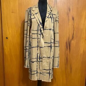 Baci Camel Tan & Black Long Blazer Jacket Trench Coat Crosshatch Pattern Pockets